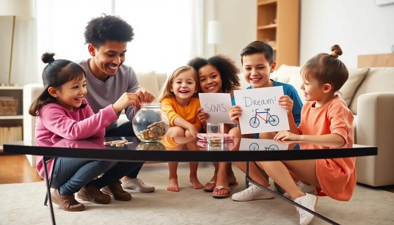 children discussing money-saving goals in a cozy living room.