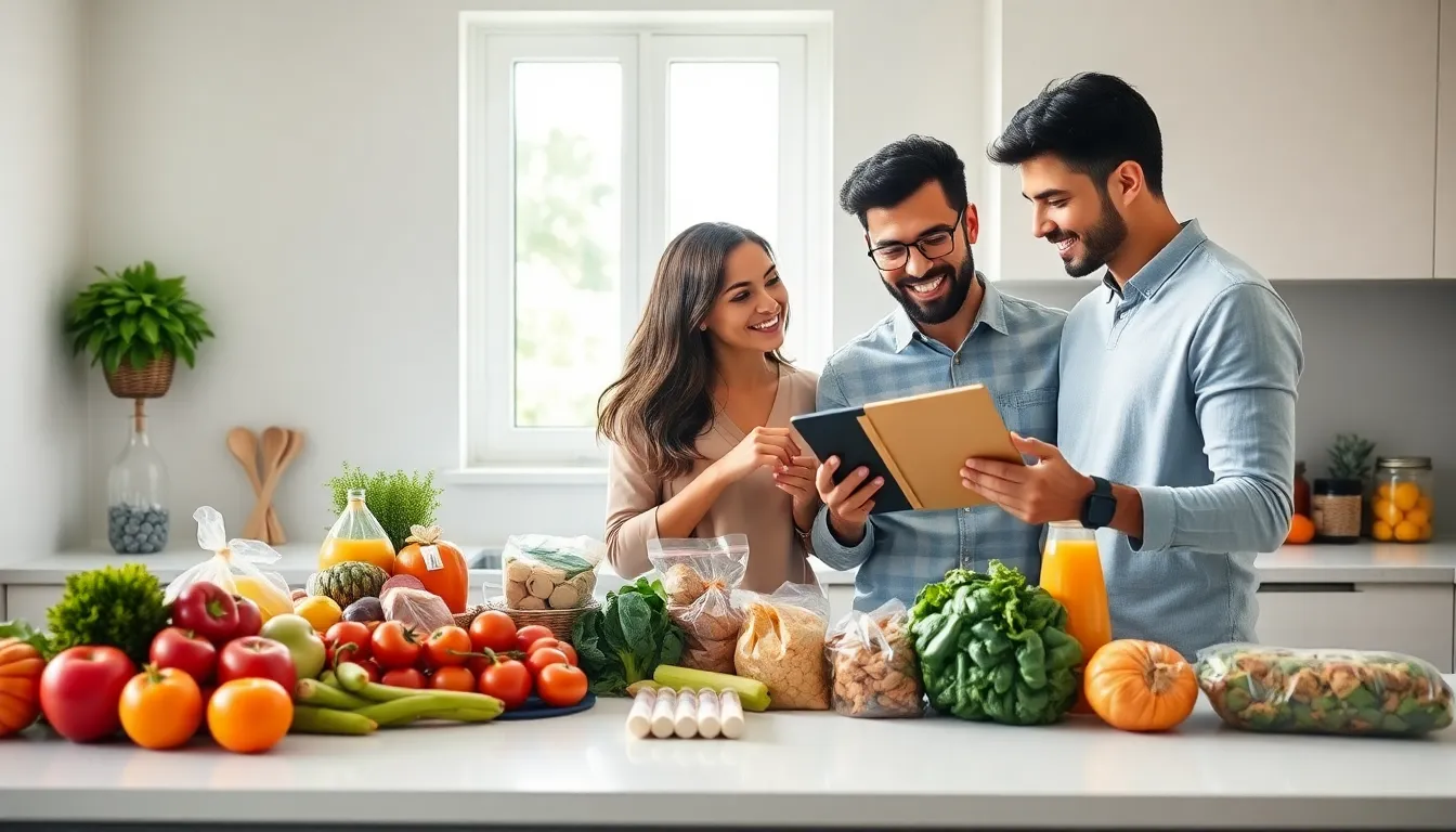 family discussing grocery list in a modern kitchen.
